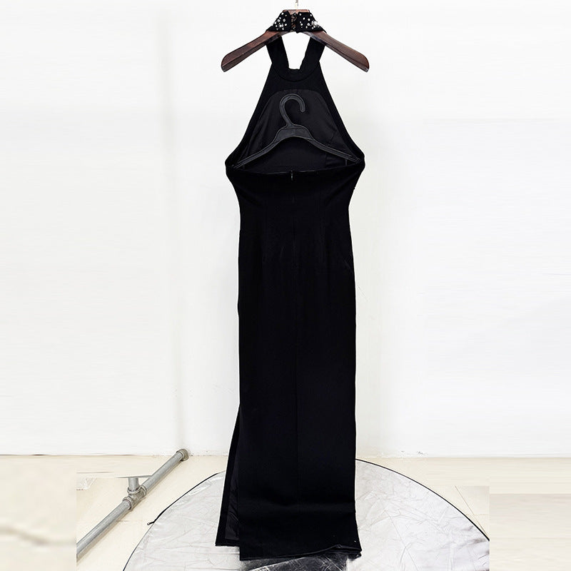 Beaded Long Dress with Neck Halter Design
