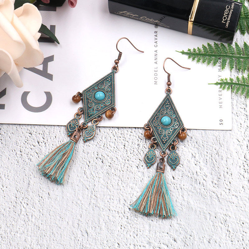 Vintage Handmade Geometric Long Tassel Earrings with Turquoise Accents