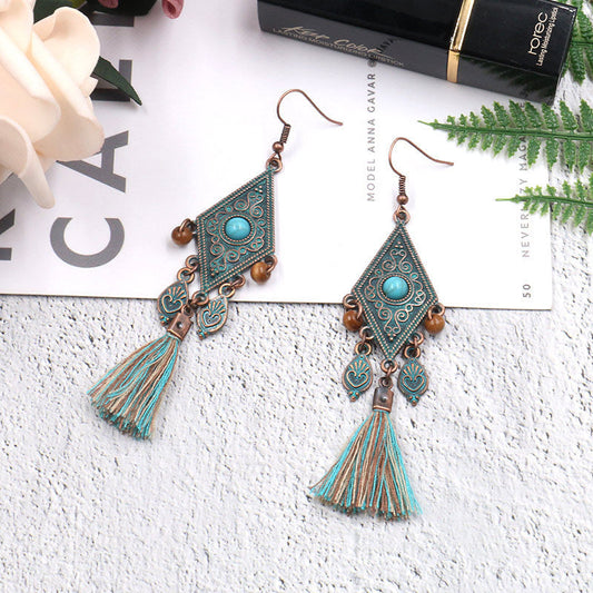 Vintage Handmade Geometric Long Tassel Earrings with Turquoise Accents