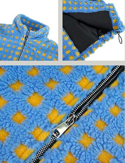 Color Block Plaid Stand Collar Shearling Jacket