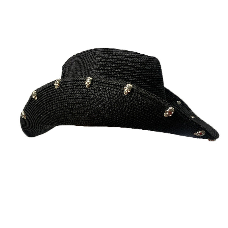 Black Paper Straw Cowboy Hat With Skull Design