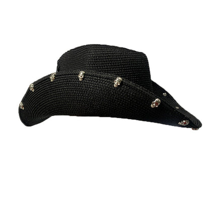 Black Paper Straw Cowboy Hat With Skull Design