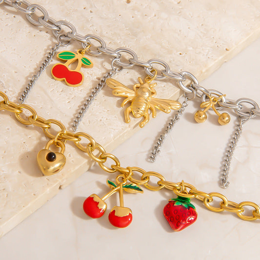 Cherry Strawberry Pendant Bracelet Stainless Steel Fashion Jewelry for Women