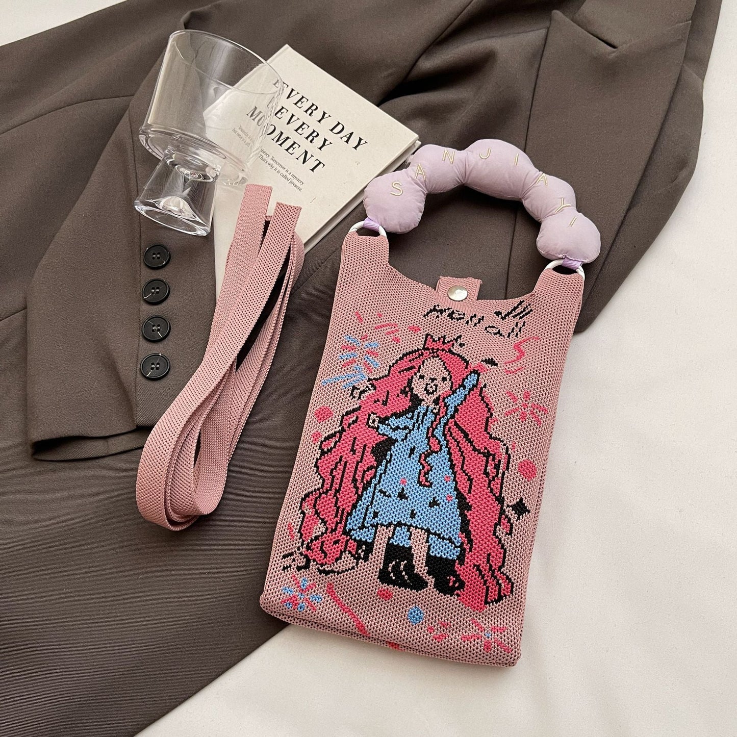 Trendy Knitted Crossbody Phone Bag Cute Cartoon Design