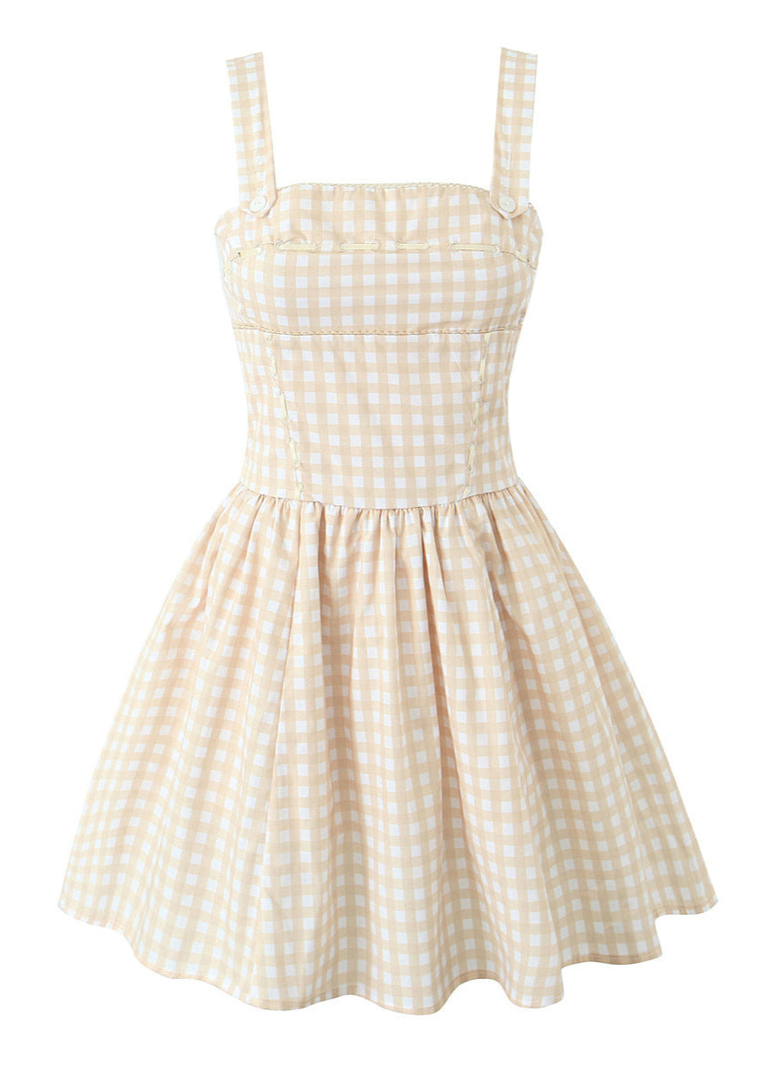Sleeveless Gingham Mini Dress Beige Polyester Cotton