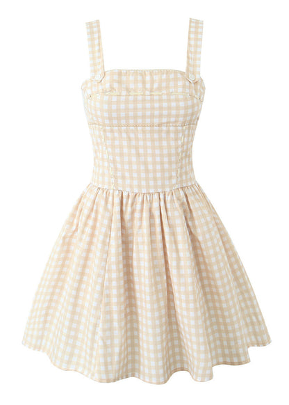 Sleeveless Gingham Mini Dress Beige Polyester Cotton