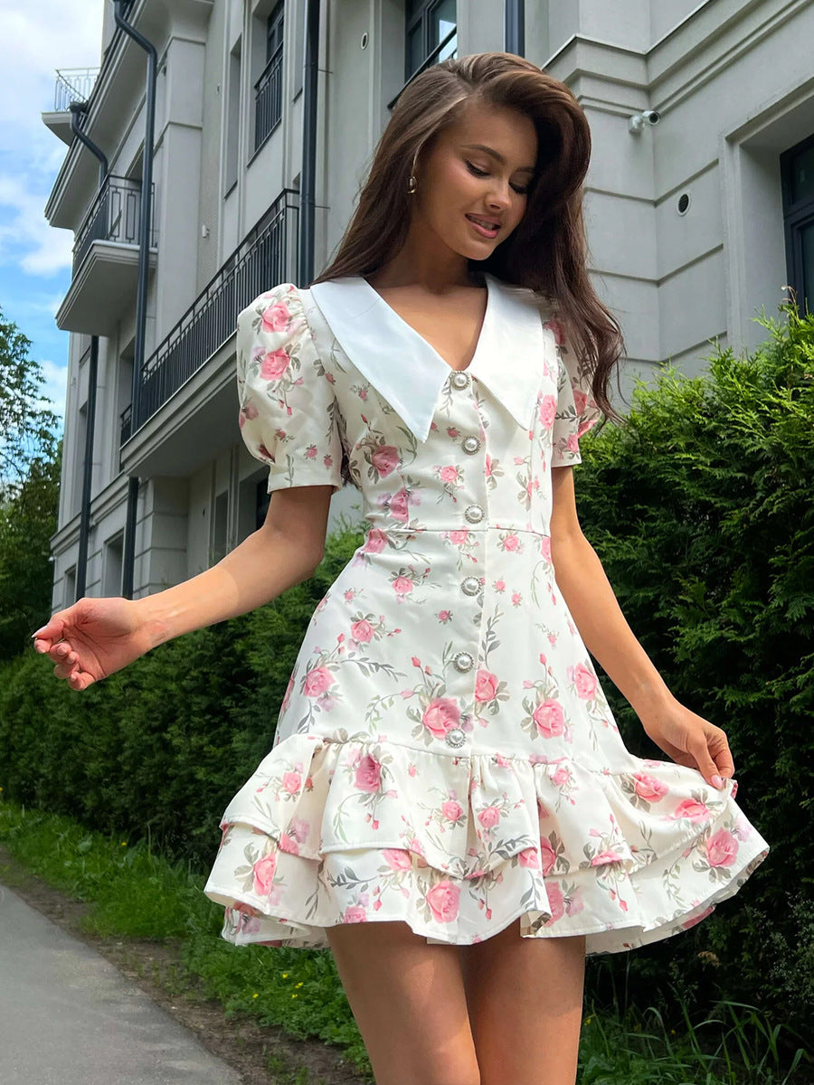French V-Neck Puff Sleeve Dress Floral Print A-Line Midi Dress