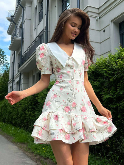 French V-Neck Puff Sleeve Dress Floral Print A-Line Midi Dress