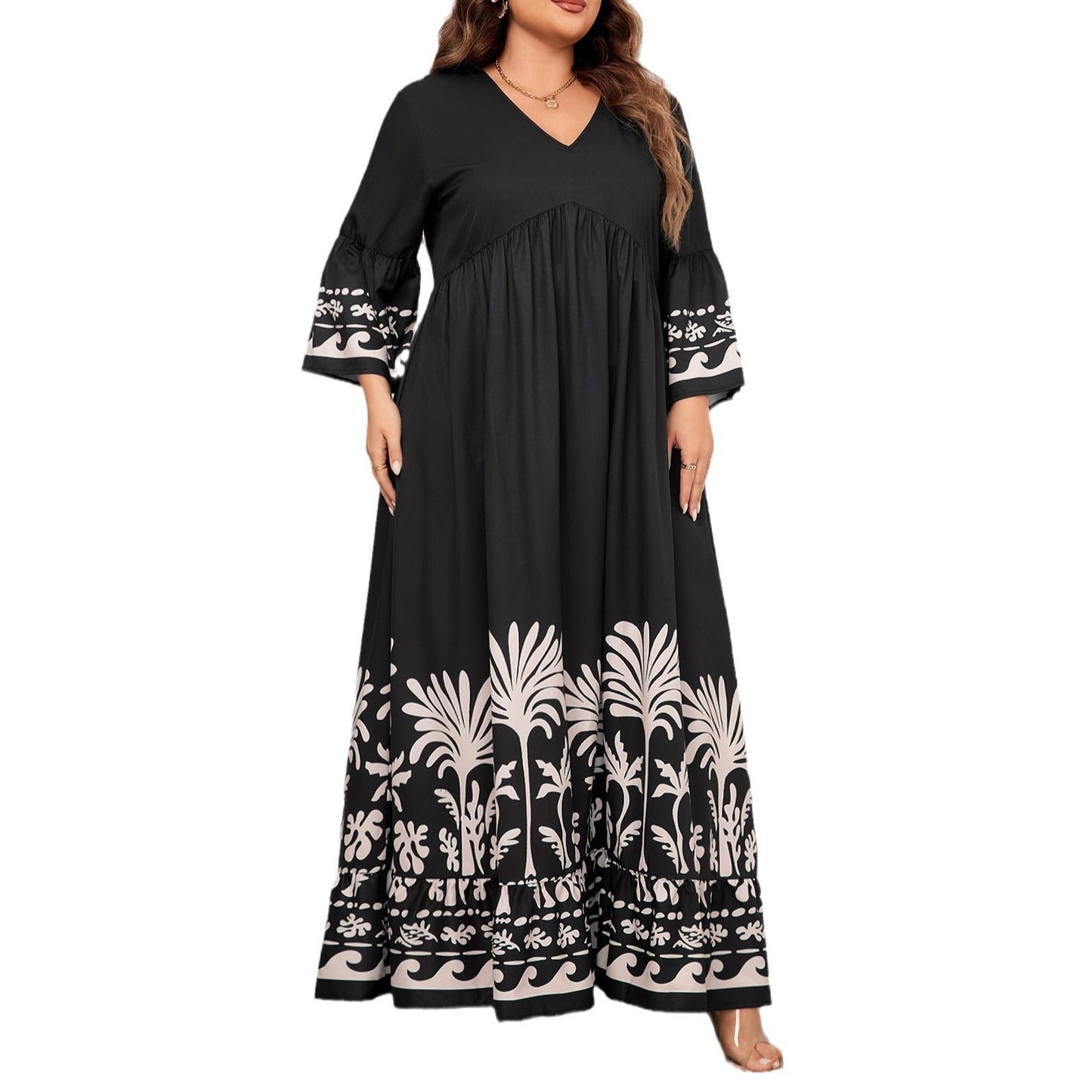 V-Neck Floral Long Dress With Flared Sleeves