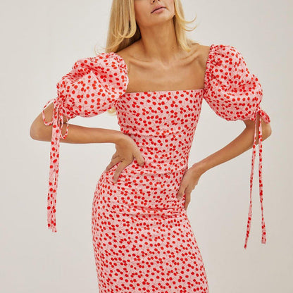 French Floral Puff Sleeve Midi Dress