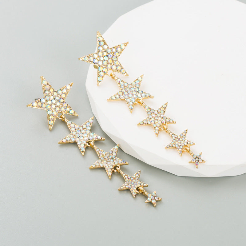 Star-Shaped Long Earrings with Multi-Layer Rhinestones