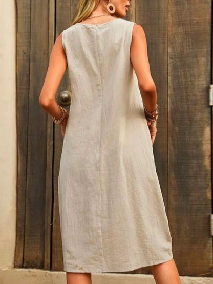 Casual Dress Cotton Linen Sleeveless Solid Amazon Loose U-Neck Dress