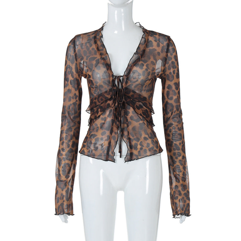 Fashionable Sheer Mesh Cardigan T-Shirt with Drawstring in Leopard Print Red