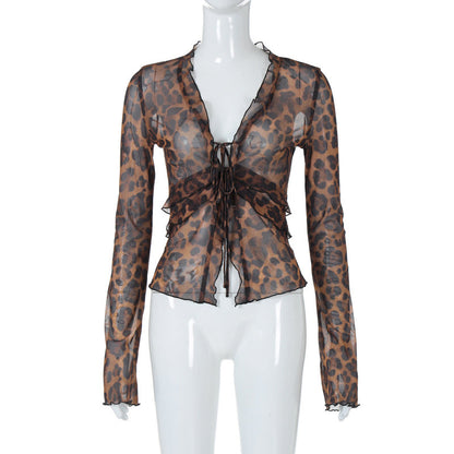 Fashionable Sheer Mesh Cardigan T-Shirt with Drawstring in Leopard Print Red