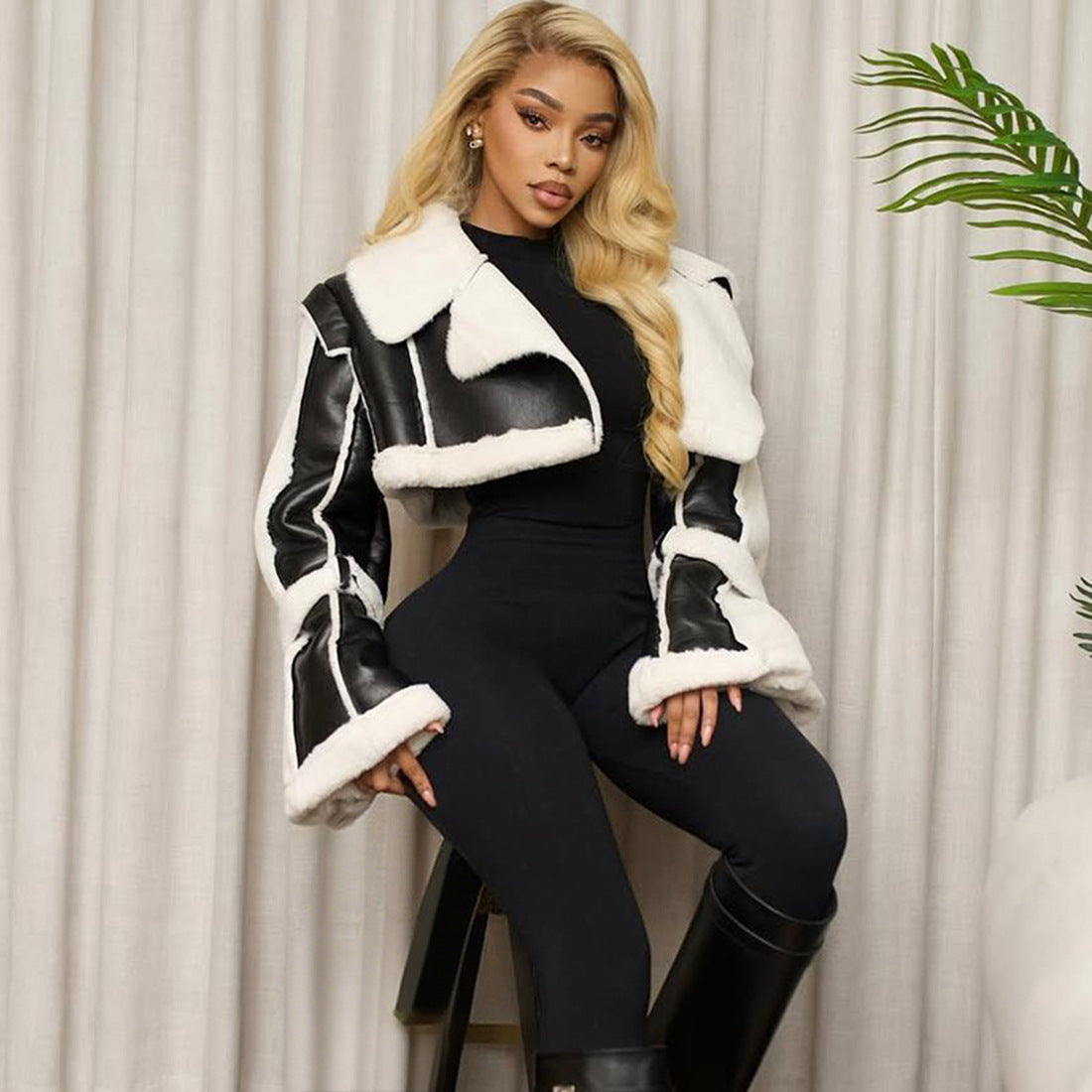Trendy Cropped Pu Leather Jacket With Faux Fur Collar