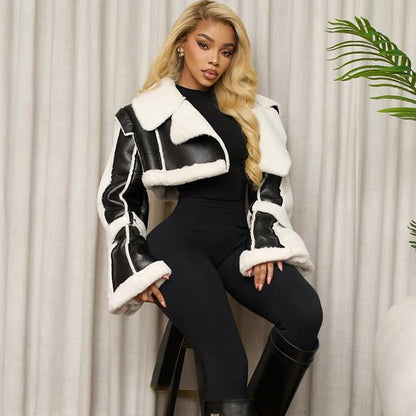 Trendy Cropped Pu Leather Jacket With Faux Fur Collar