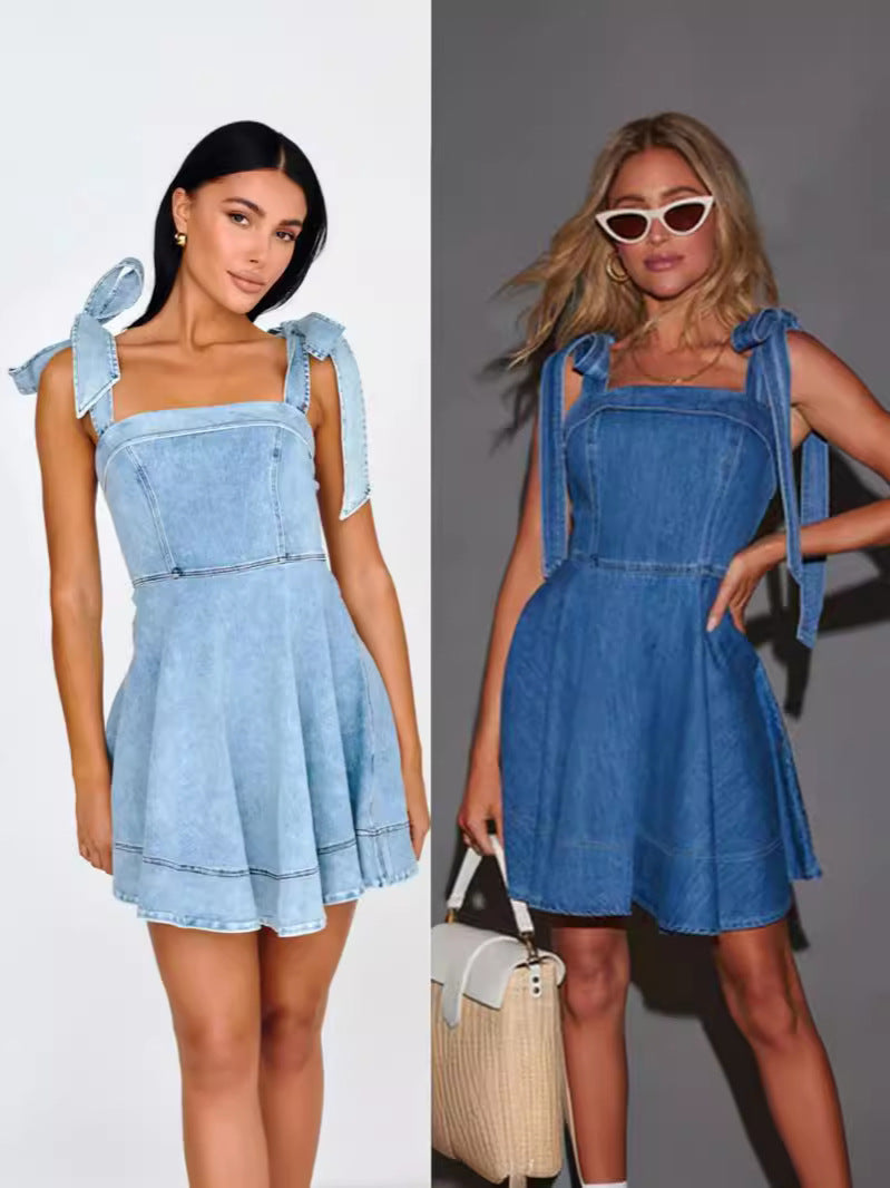 Trendy Casual Denim Dress With Straps