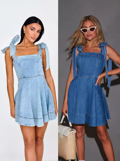 Trendy Casual Denim Dress With Straps