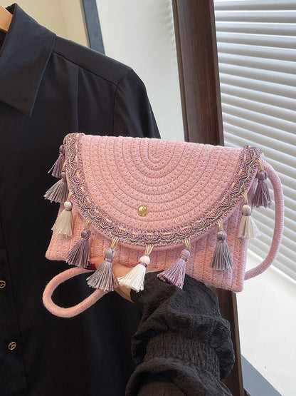 Bohemian Style Fringe Straw Crossbody Bag