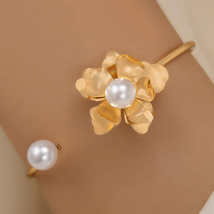 Floral Pearl Open Cuff Bracelet Stylish Fresh Design