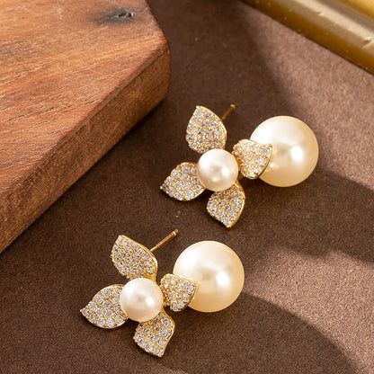 Elegant Pearl Floral Stud Earrings With Crystals