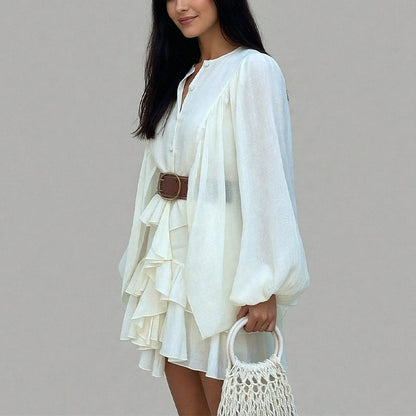 French High Waist Puff Sleeve Ruffled Mini Dress