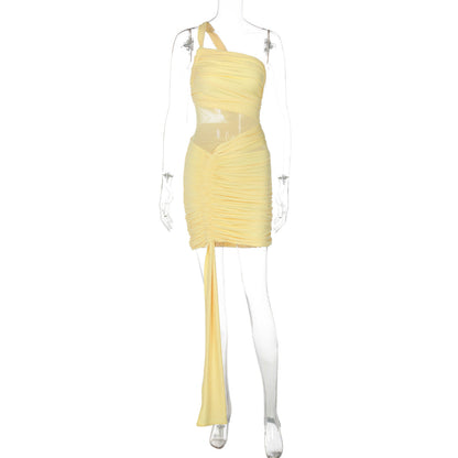Sexy Sheer Mesh One-Shoulder Bodycon Dress