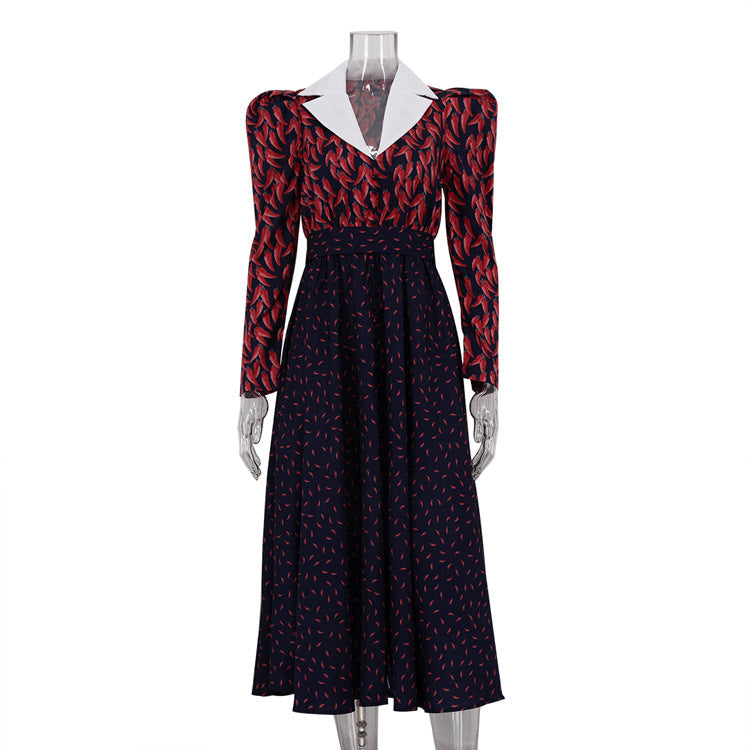 Color Block French Design A-Line Dress Elegant Floral Long Sleeve