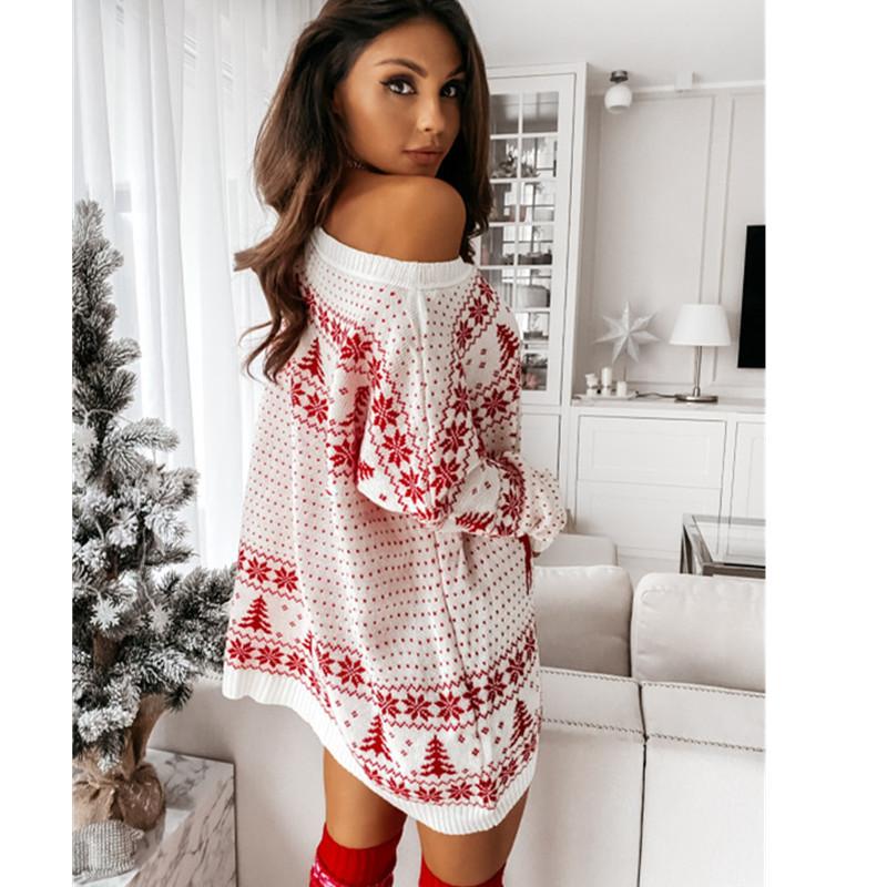 Knitted Sweater Women Christmas Jacquard Loose Knit Long Sleeves
