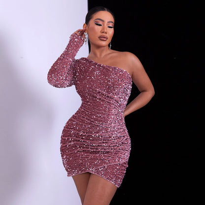 One-Shoulder Sequined Bodycon Dress Trendy Street Style