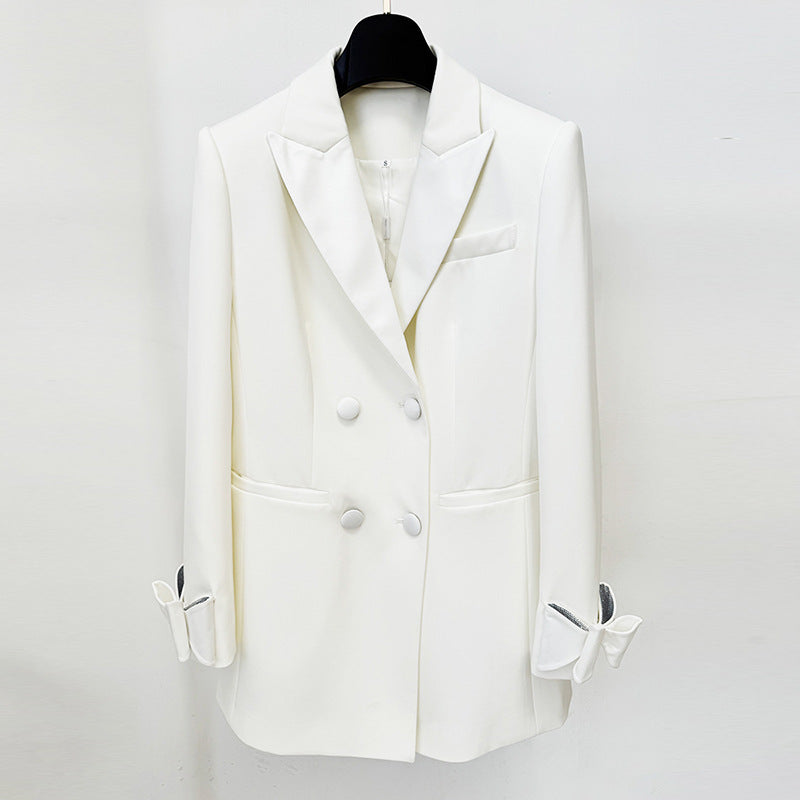 Double-Breasted Satin Long Blazer With Bow Tie