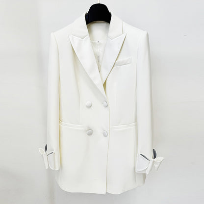 Double-Breasted Satin Long Blazer With Bow Tie