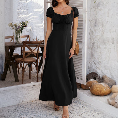 Elegant Solid Color A-Line Dress with Puff Sleeves