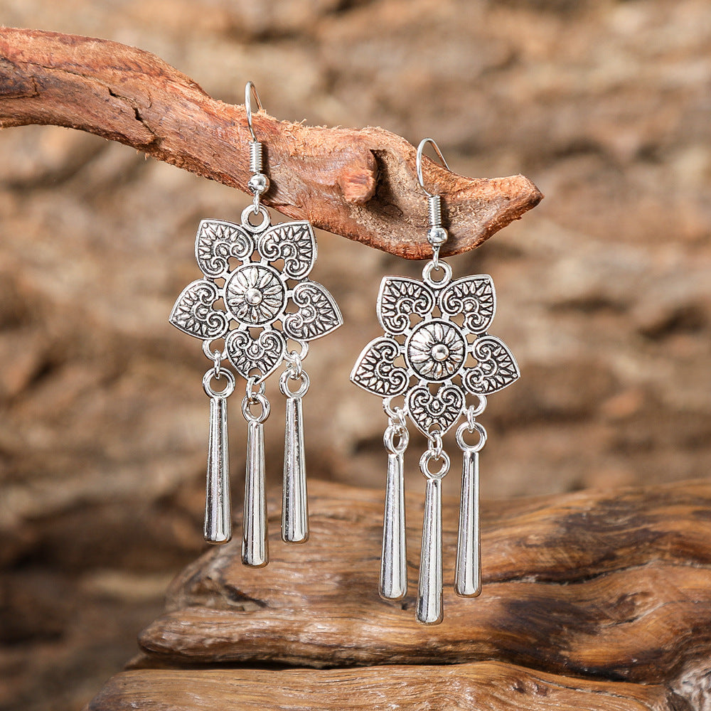 Ethnic Style Silver Earrings with Peacock Floral and Leaf Design