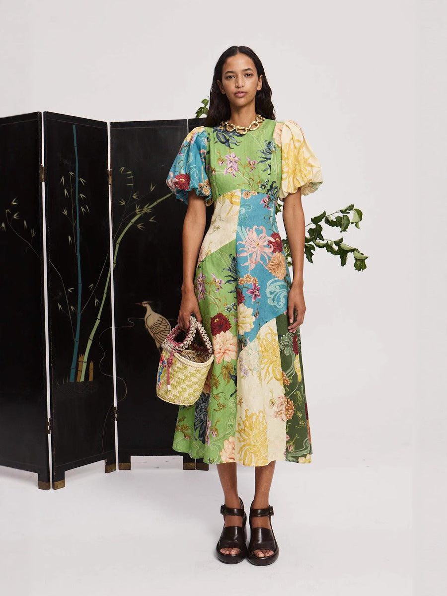 Floral Print Puff Sleeve Linen Dress Casual Elegant Style
