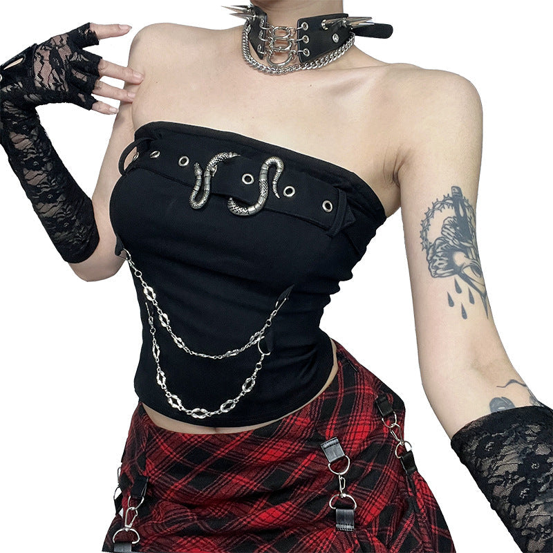Black Fashion Snake Buckle Strapless Crop Top