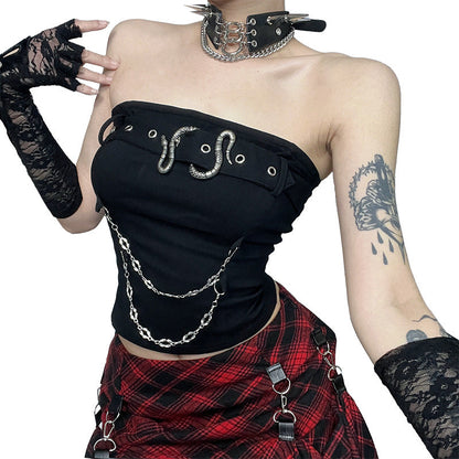 Black Fashion Snake Buckle Strapless Crop Top
