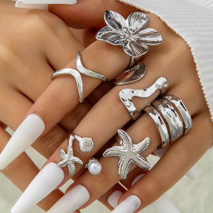 Bohemian Pearl Flower Ring Set Alloy Plating Metal Rings