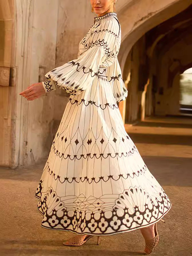Elegant Long Sleeve Floral Print Dress with Waist Belt