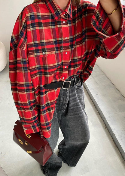 Oversized Red Plaid Shirt With Chest Pockets