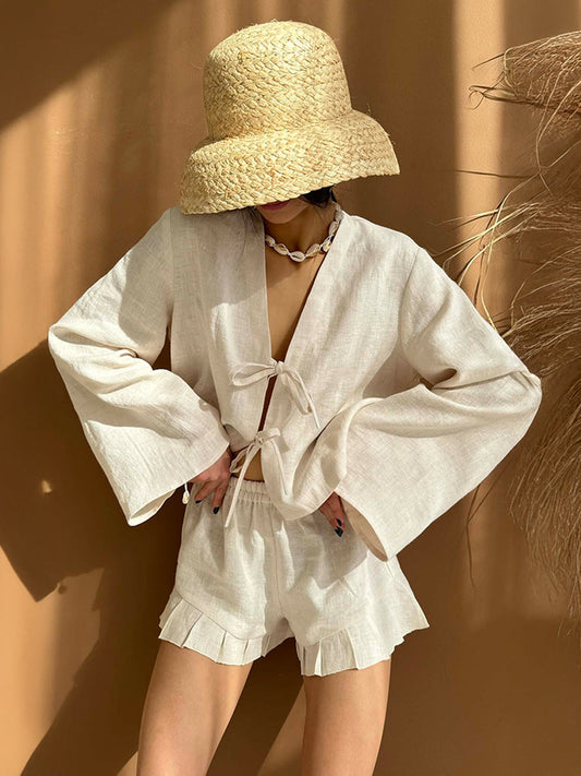 Cotton Tie-Front Cardigan And Shorts Set Casual Chic