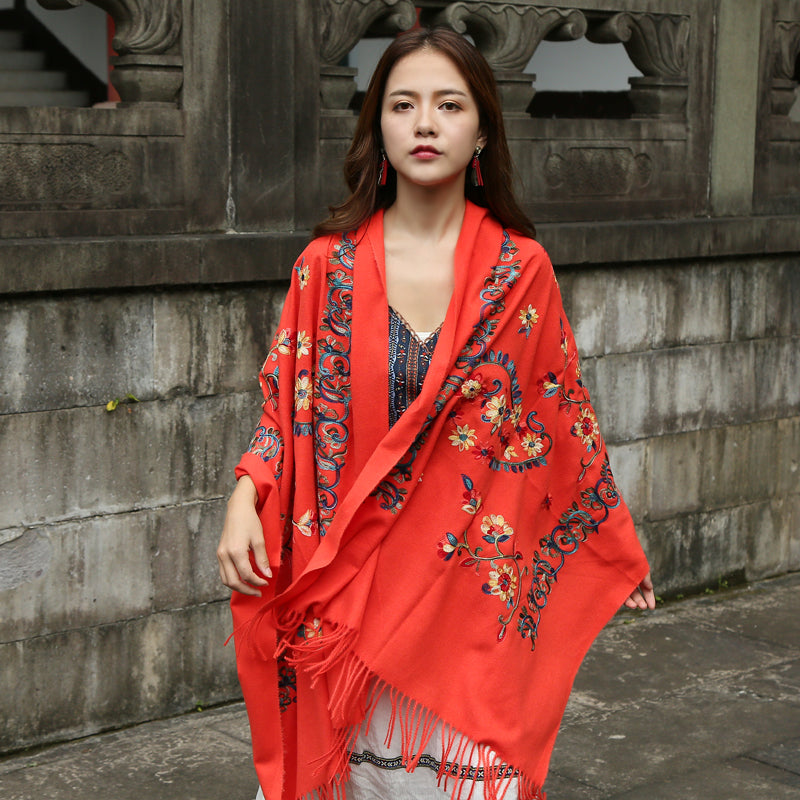 Thickened Imitation Cashmere Embroidered Scarf Shawl Dual-Purpose Autumn And Winter Warmth, Large Size High-End Retro National Style