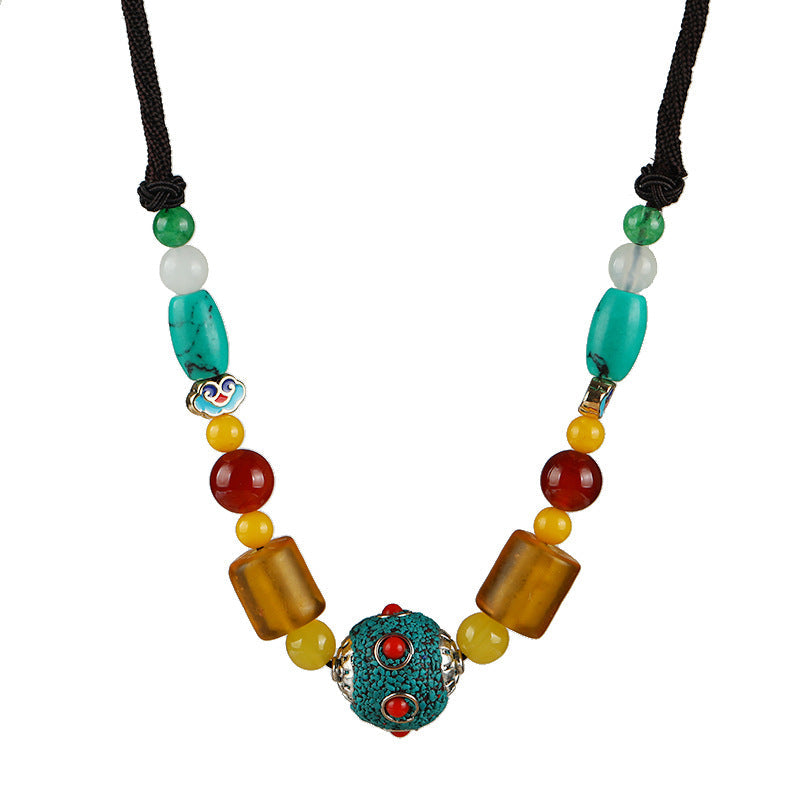 Vintage Handmade Ethnic Style Tibetan Short Necklace Feminine Personality Nepal Honey Wax Accessories Pendant Clavicle Chain
