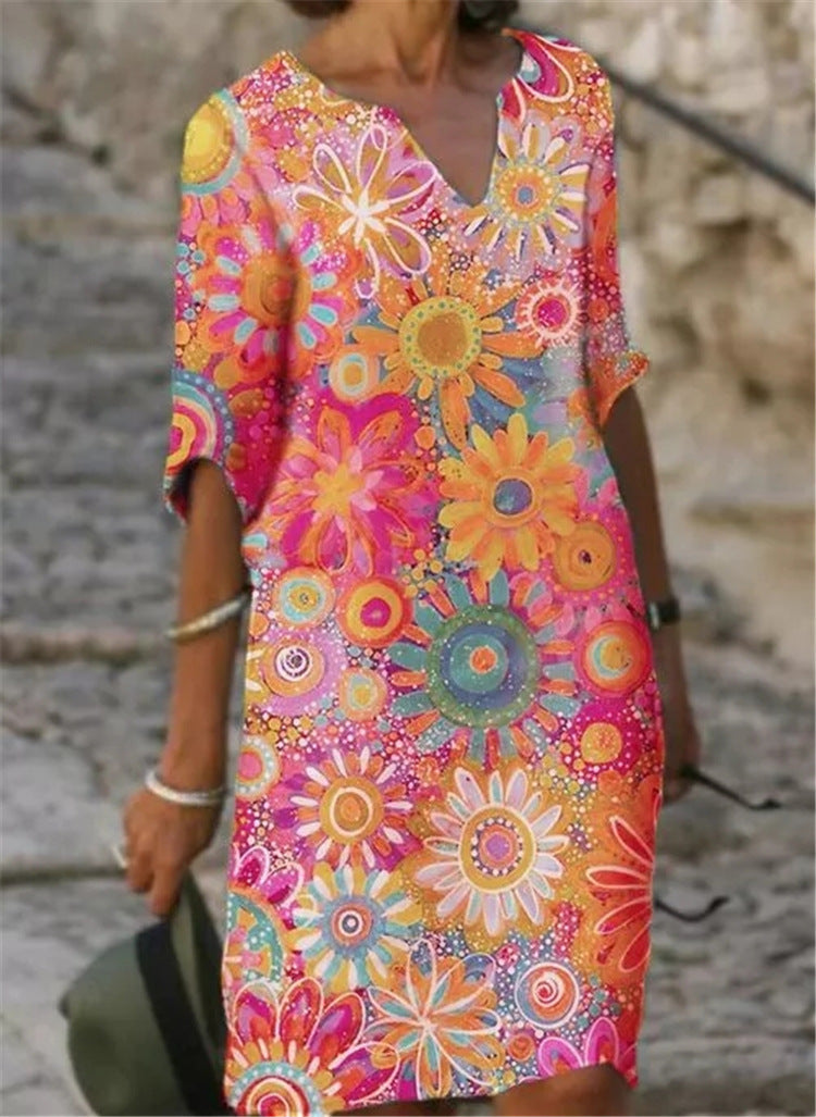 Two-Tone Printed V-Neck Loose Bamboo Dress