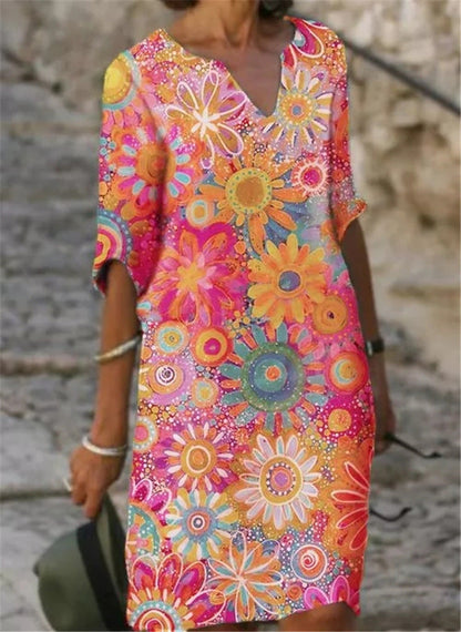 Two-Tone Printed V-Neck Loose Bamboo Dress