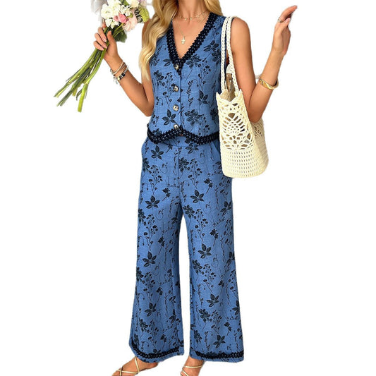 Bohemian Printed Lace Cardigan Vest Pants Set for Women