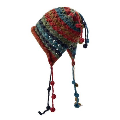 Vintage Tassel Pom Ear Flap Beanie Knit Hat