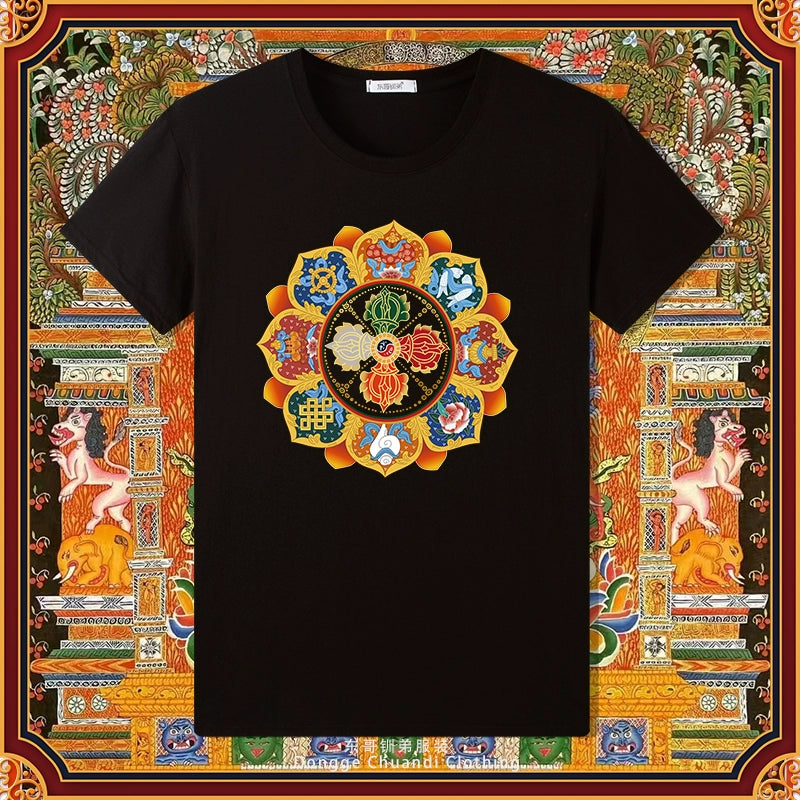 Diamond Pestle Babao New Printed Pure Cotton Mantra Wheel T-Shirt Top, Buddhist Men'S And Women'S High-End Clothing