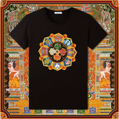 Diamond Pestle Babao New Printed Pure Cotton Mantra Wheel T-Shirt Top, Buddhist Men'S And Women'S High-End Clothing