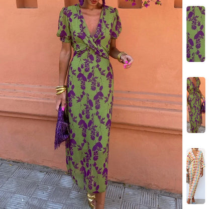 Color Block Floral Maxi Dress Elegant Fit Short Sleeve Dress